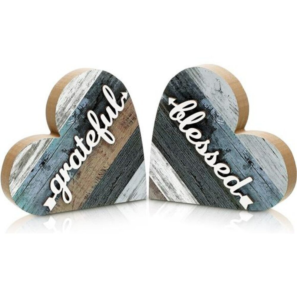 Rustic Heart Table Decor Set Wood Farmhouse Shelf Sign Grateful Love Gift